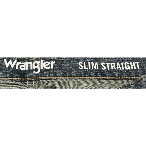 WRANGLER STRAIGHT LEG HI-RISE BLUE JEANS, MENS, 32/34 SLIM-DISTRESSED DENIM BLUE - Picture 9 of 11